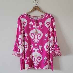 Chico's Pink White Ikat Bell Sleeve Tassel Tie Tunic Blouse Size Large